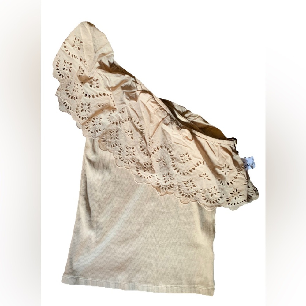 NWT Old Navy Eyelet One-Shoulder Rib-Knit Top Tan Small